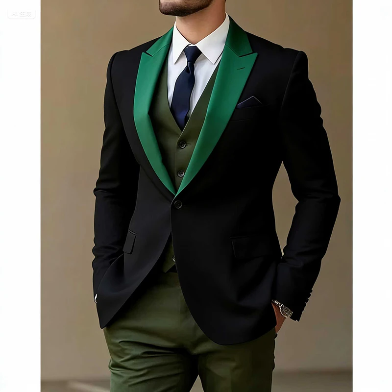 

White with Olive Green 3 Piece Set Men Suits Peaked Lapel Groom Tuxedo Formal Wedding Prom Party Wear Classic Business Male Suit