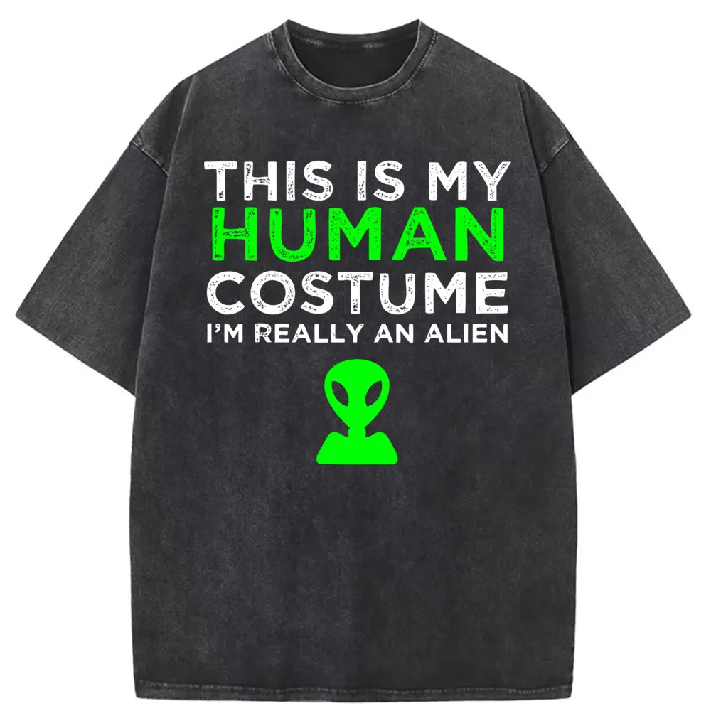 This Is My Human Costume Man T-shirts Alien Long Sleeve Tee Shirt Men Vintage Printed England Style Washed Cotton Sweatshirts