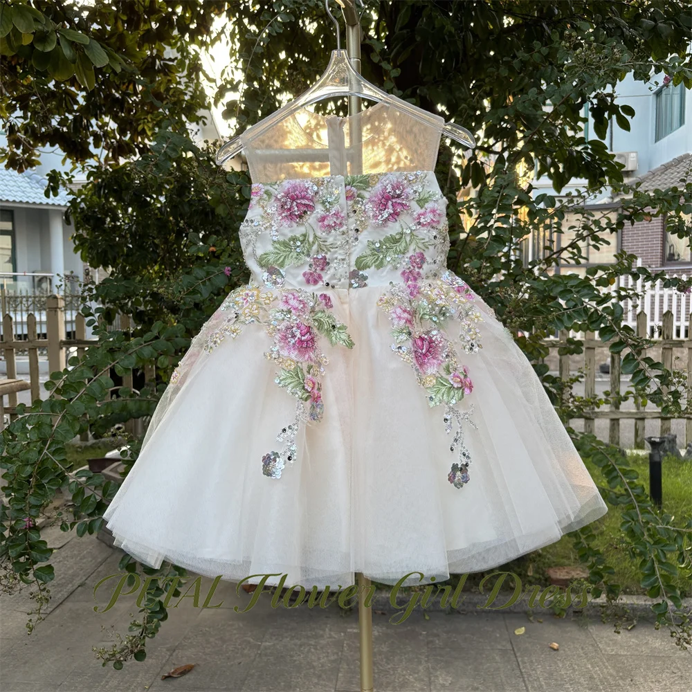 Petal Colorful Floral Kids Birthday Party Dress White Sequin Pageant Dress for Girl Back Bow First Communion Gown Customized