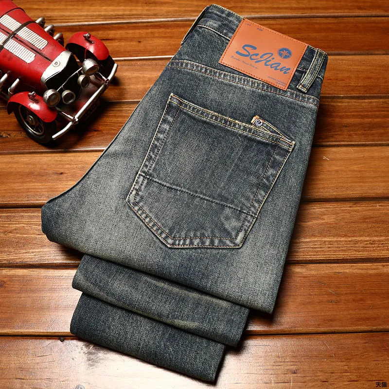 Jeans Denim telinga merah pria, celana panjang kasual pria muda warna Retro ramping lurus nostalgia klasik