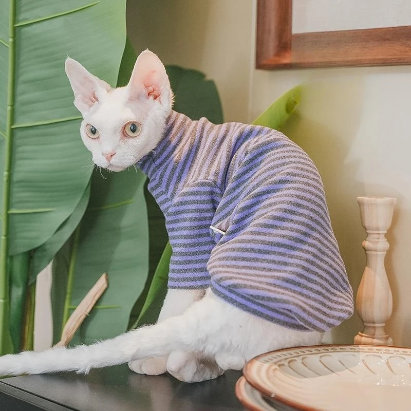 Cat Clothes Sphynx Fleece Coat, Long Sleeves, Soft Stripped Undershirt for Kittens Dogs, Devon Rex, Cute Jumpsuit, Spring and Au