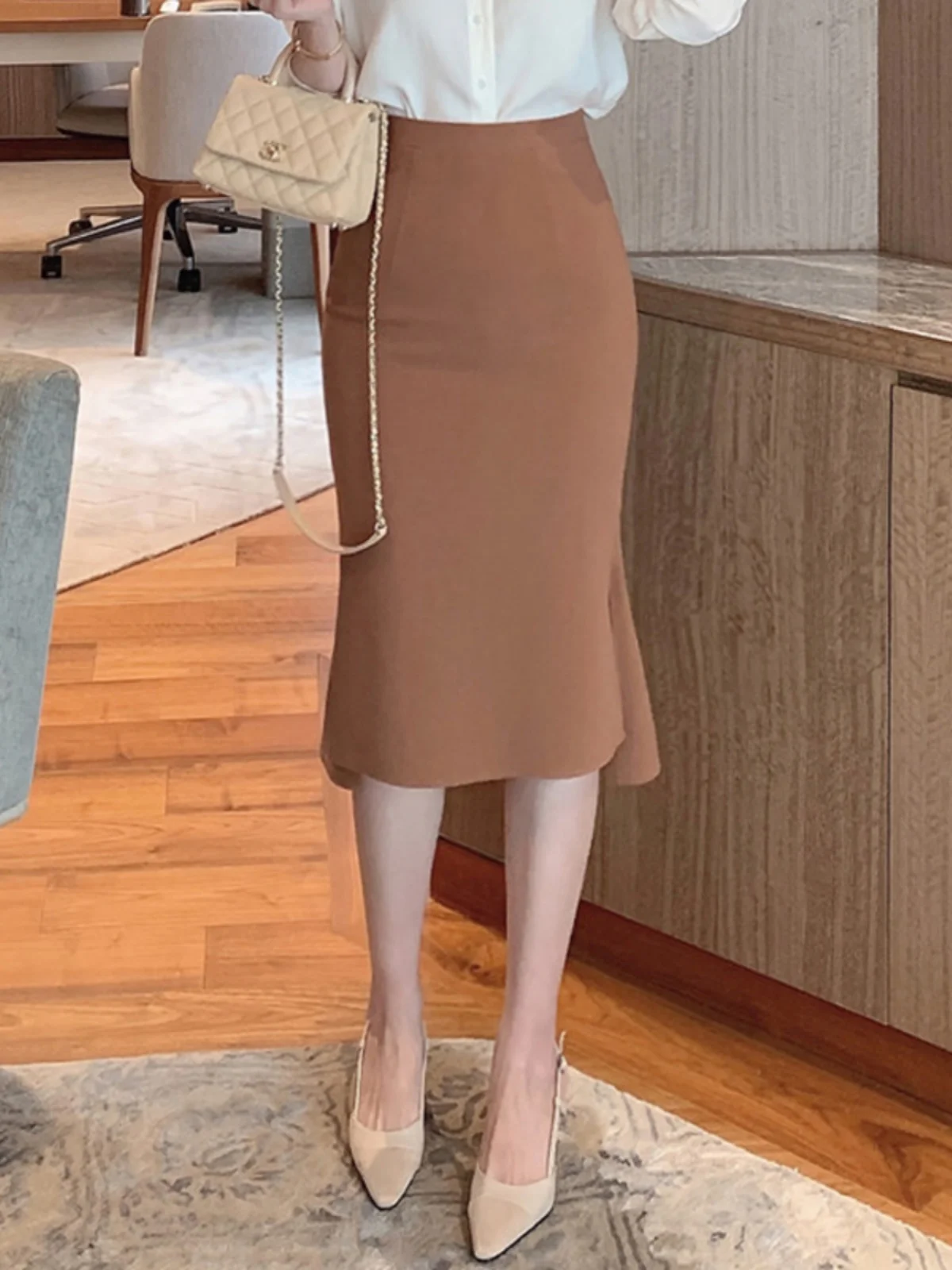 

Юбка миди А-силуэта с высокой талией, женская, в деловом стиле, с эффектом «рыбий хвост», весна-осень, новинка, элегантная, для женщин