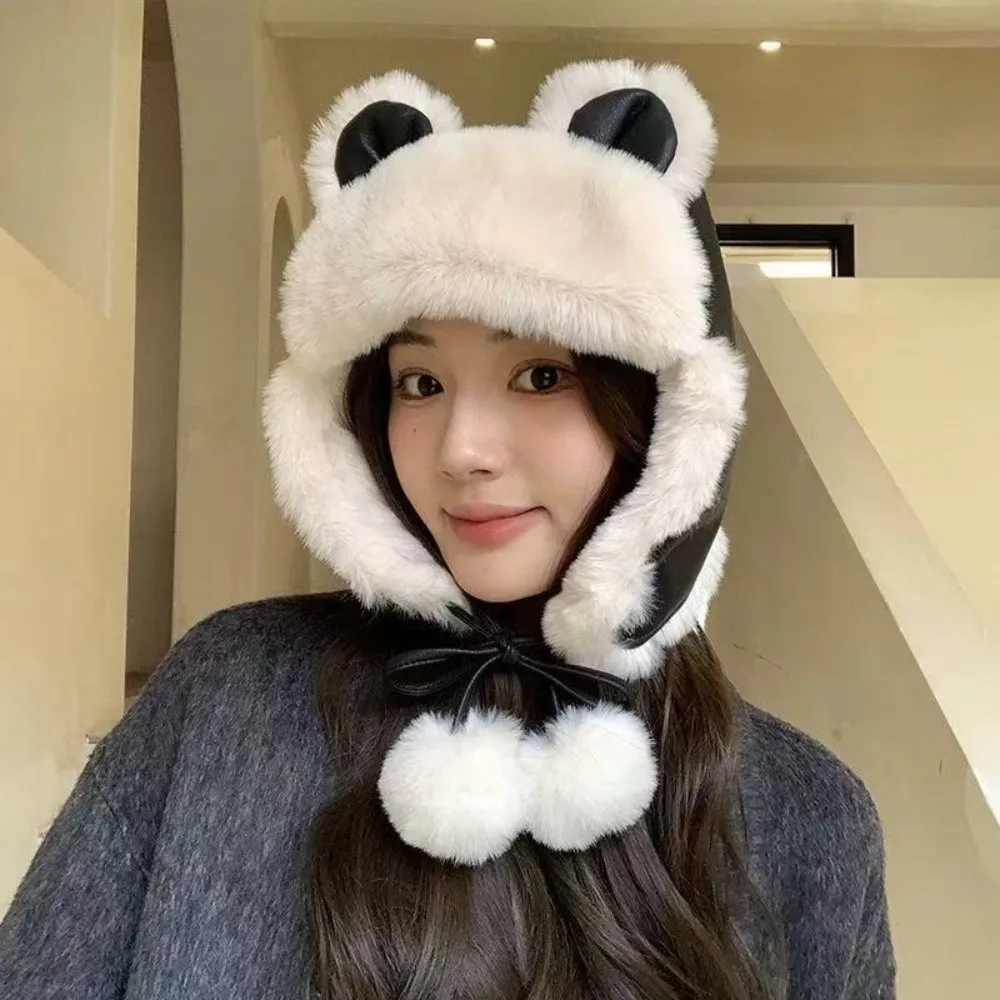 Classic Faux Leather Bear Ear Trapper Hat Ear Flap Cold Proof Winter Warm Pom Pom Hat Windproof Ushanka Hat Outdoor Cycling