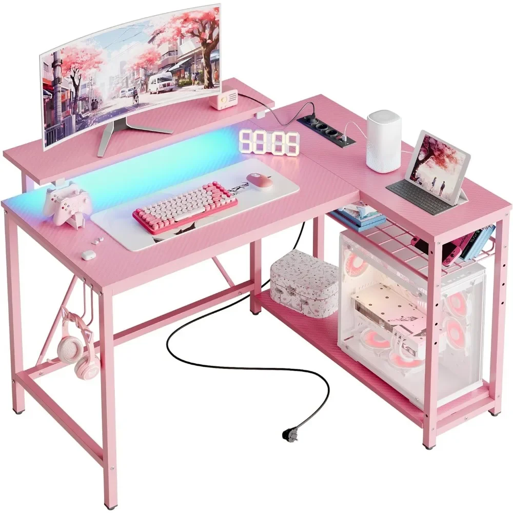 Escritorio para juegos con tomas de corriente, escritorio de computadora de esquina pequeña de 42 LED, almacenamiento Reversible, escritorio en forma de L con escritorio, fibra de carbono rosa