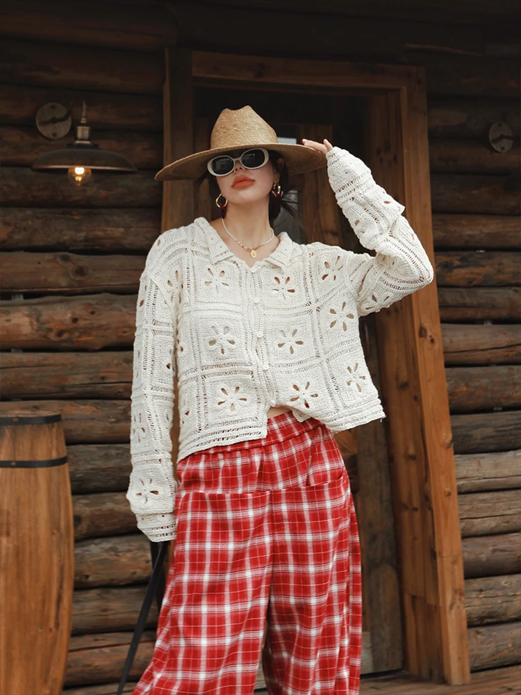 

104 см бюст весенне-осенние рубашки топы женские французские богемные вязаные крючком элегантные свободные кардиганы из 100% хлопка короткие топы