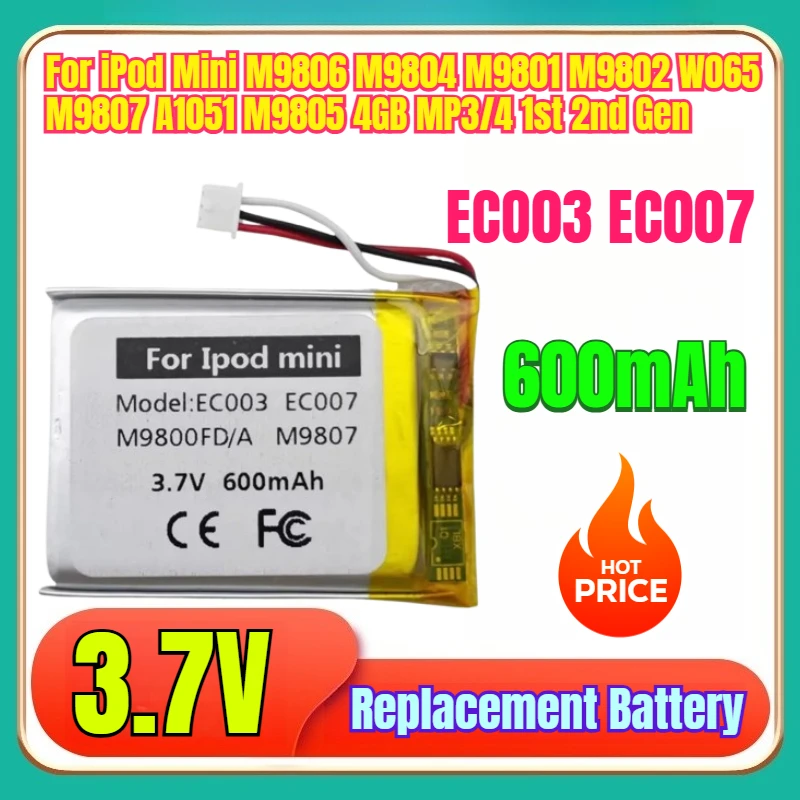 

New 3.7V 600mAh EC003 EC007 Battery For iPod Mini M9806 M9804 M9801 M9802 W065 M9807 A1051 M9805 4GB MP3/4 1st 2nd Gen