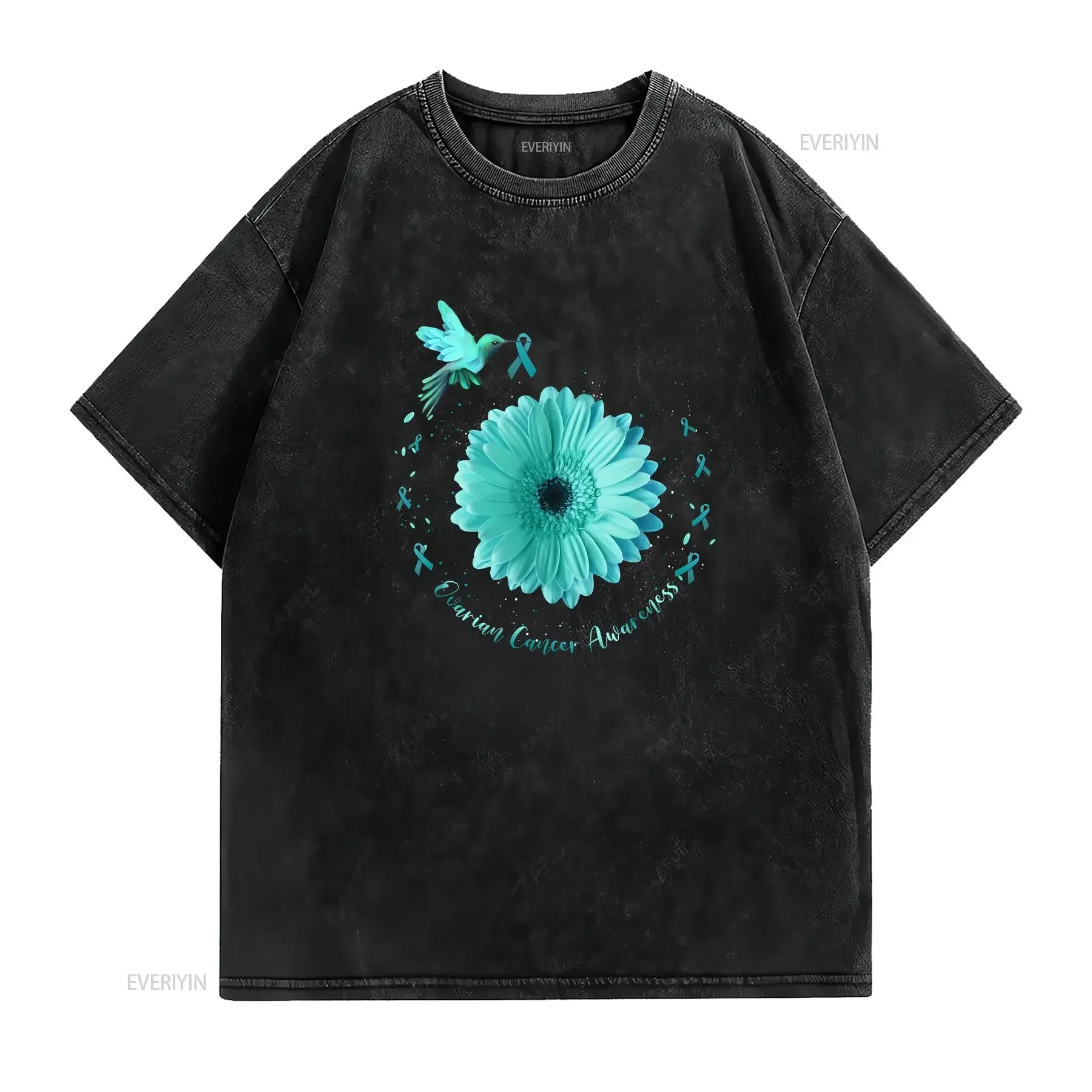 Hummingbird Sunflower Teal Ribbon Ovarian Cancer T Shirt vintage Washed Comfortable Breathable Casual Unisex streetwear