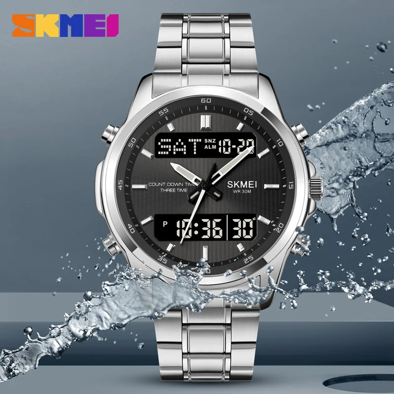 SKMEI 2049 Sport Quartz Digital Business Watches Stainless Steel Wristwatch Men's Waterproof LED Electronic Relogio Masculino image 2
