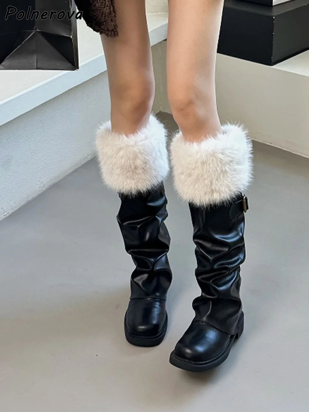 

Black White Furry Knee High Boots Round Toe Chunky Heels Slip On Elegant Winter Warm Leather Boots Women's Fashion Sexy Shoes