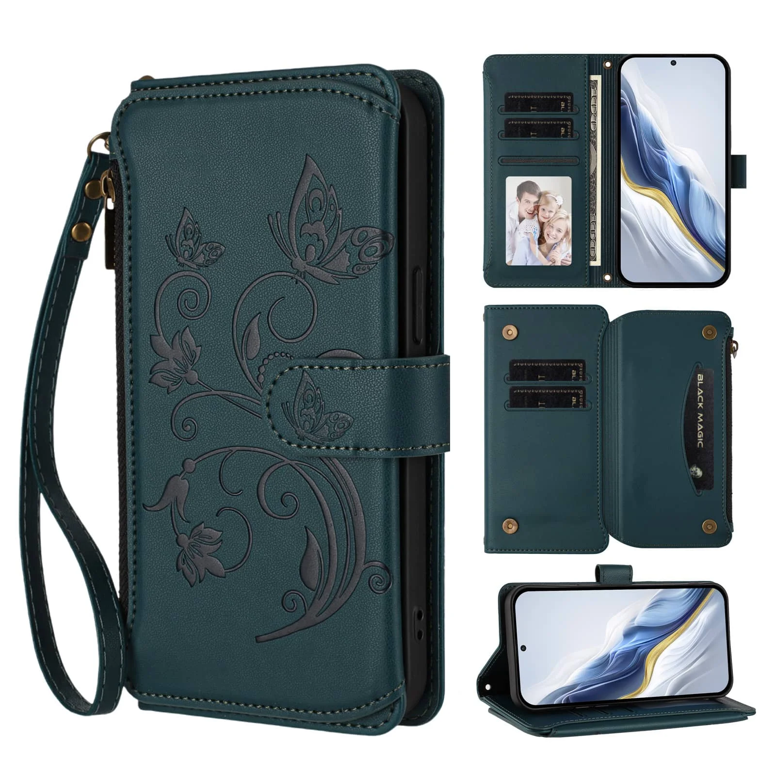 For Samsung Galaxy S25 Edge S25 S24 Ultra S24 FE Case, Flower Wallet Flip Case RFID Blocking, Zipper, Card Slots, Wrist Strap