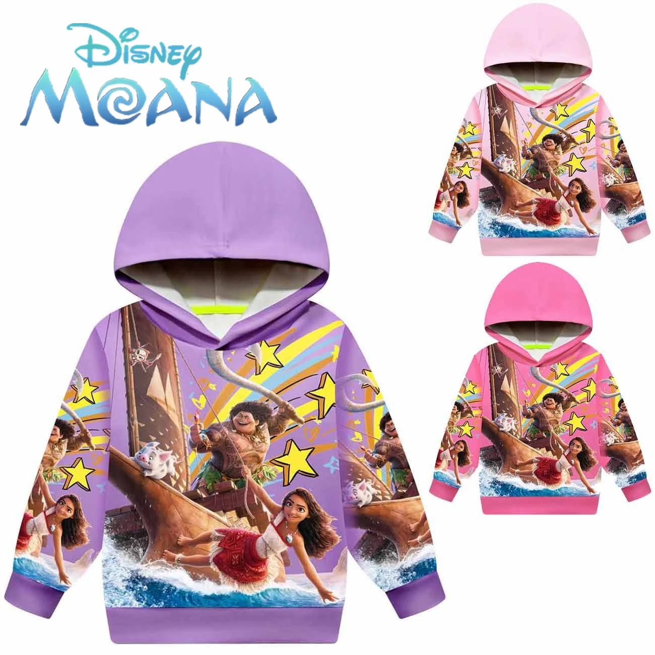 

New Disney Children's Hoodie Cartoon Movie Moana 2 Character Print Cute Long Sleeve Pink Purple Girls Autumn Clothings for Kids