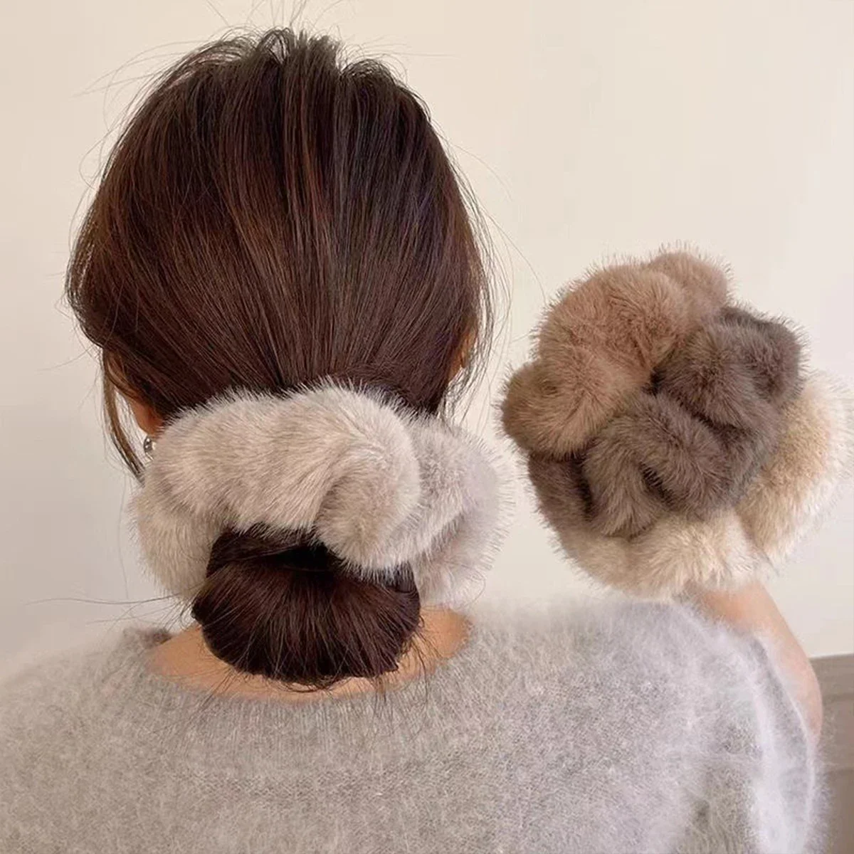

1/2pcs large colic hairband retro imitation mink plush rope high-end rubber band female tie hair rope headwear