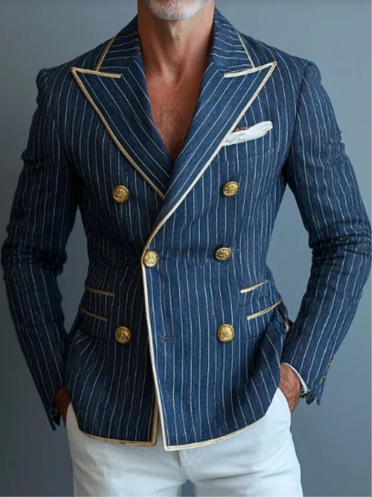 

Business Stripe High-end Men Suits Slim Fit Peaked Lapel Groom Formal Prom Tuxedos Elegant Double Breasted Male Blazers