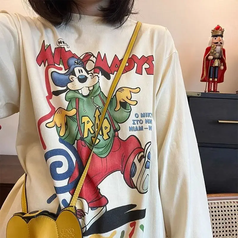 

Disney Cartoon 2025 Early Spring Cotton T-shirt High Street Fun Print Round Neck Long Sleeve Tees New Loose Casual Versatile Top