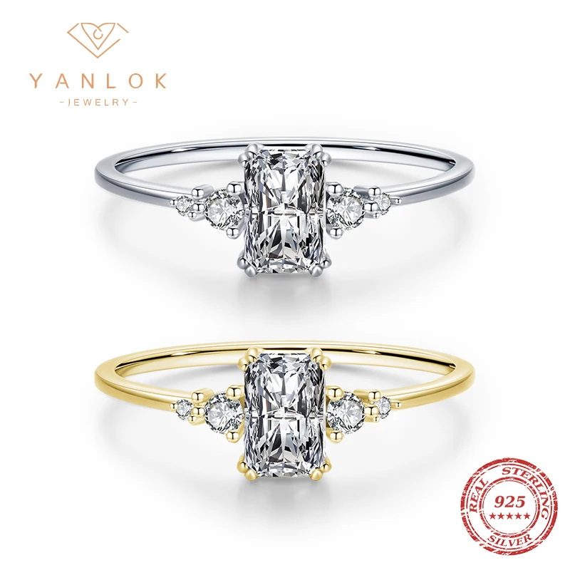 YANLOK Pure 925 Sterling Silver Classic Radiant Cut Sparkling Clear CZ Finger Ring For Women Wedding Engagement Jewelry Anel