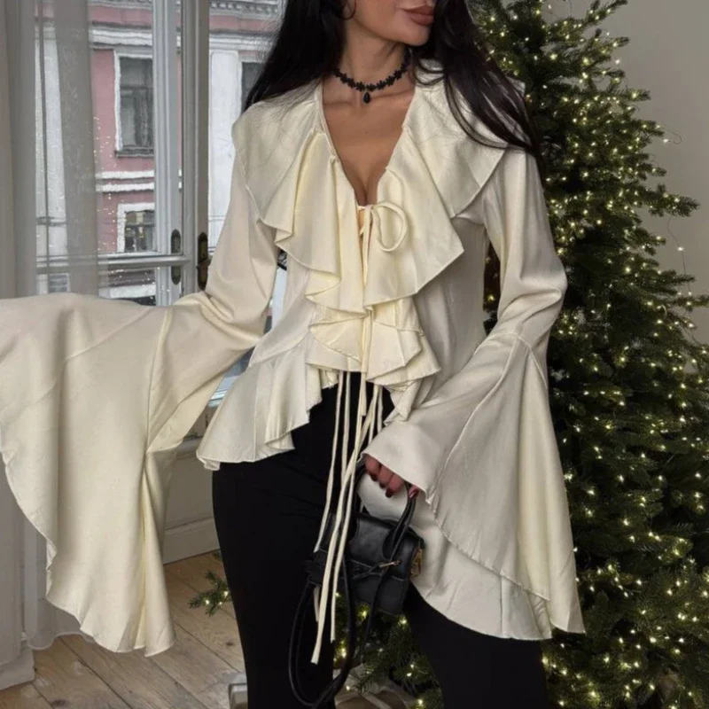 

Spring 2026 New Satin Lotus Leaf Flared Sleeve Women's Shirt Lace-up White Shirt Premium Elegance