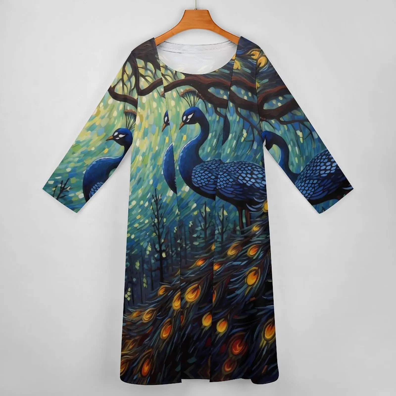 Fantasy Painting About Peacock Dress Autumn  Street Fashion Casual Long Dresses Woman Custom Modern Maxi Dress Big Size 5XL