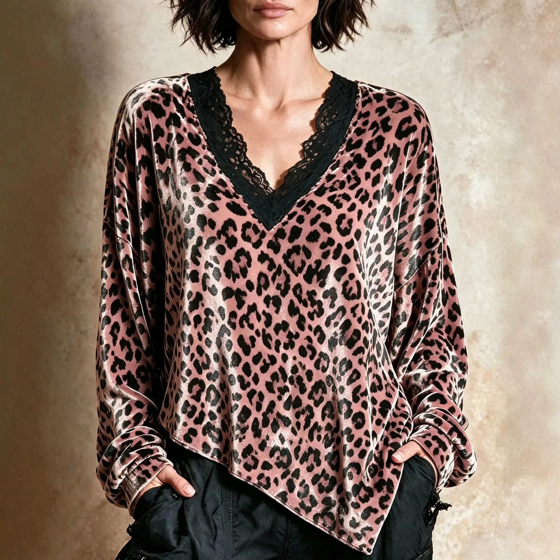 Women Leopard Print Velvet Blouse Lace Trim V Neck Long Sleeve Irregular Asymmetrical Hem Loose Casual Vintage Top For Fall