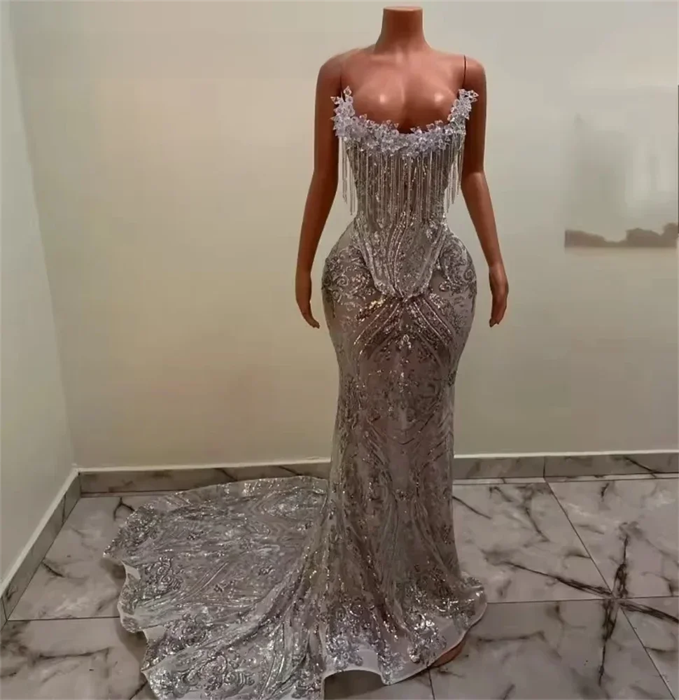 Red Beading Sequin Crystal Diamond Prom Dress 2026 For Black Girl Birthday Party Dress Tassel Mermiad Formal Dress Customized