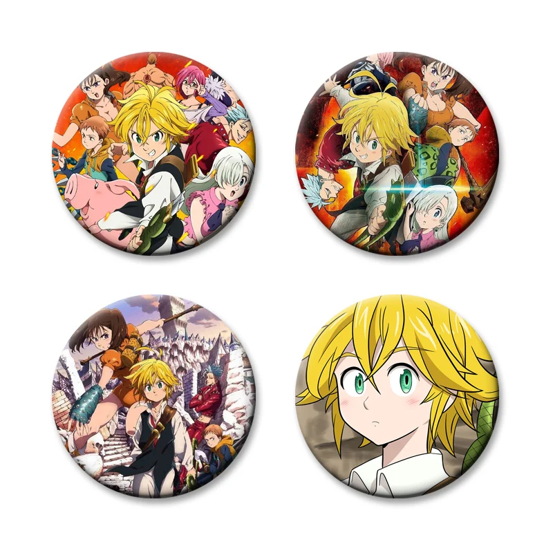 Anime The Seven Deadly Sins Brooches Meliodas Elizabeth Liones Cartoon Badge Round Tinplate Pins Backpack Bag Ornament Accessory