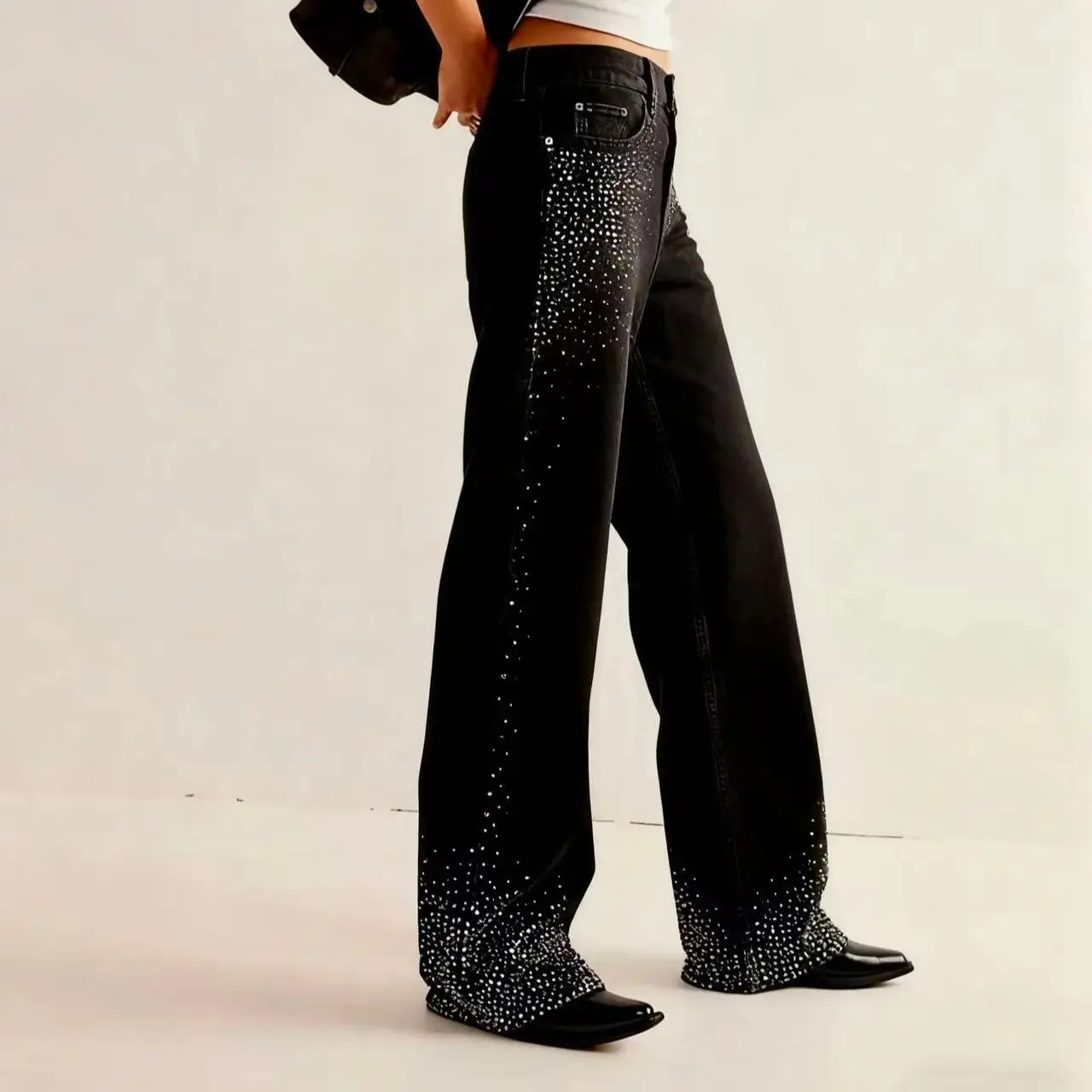 Black Rhinestone Jeans for Women Stretch Loose Straight Leg Pants Elegant Mid Waist Versatile High Street Denim Trousers