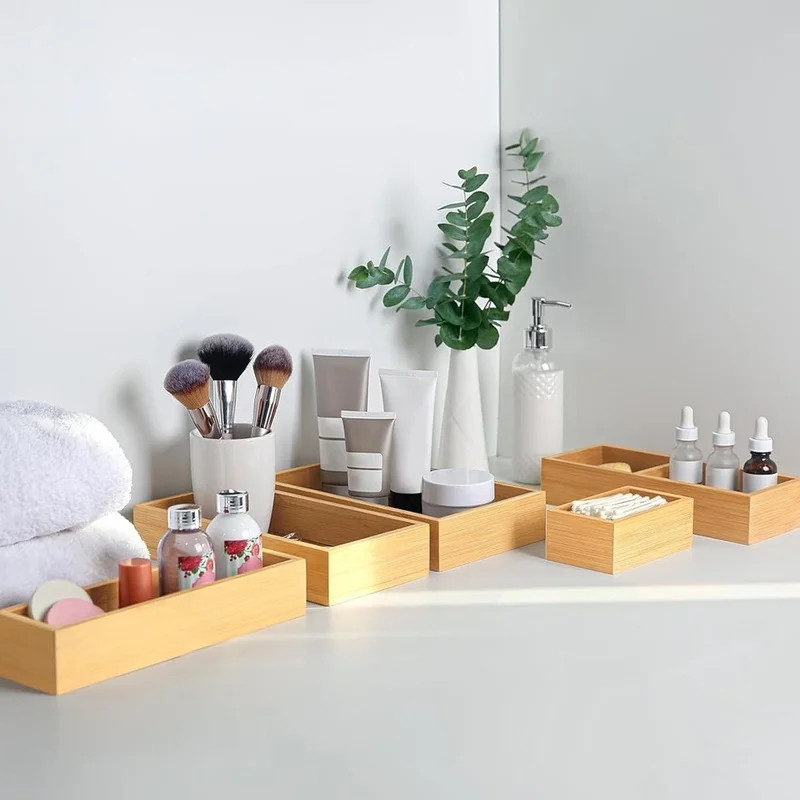 DT39 5Pcs Bamboo Drawer Organizer Set Multi-Use Storage Trays for Kitchen Bathroom Office Makeup Jewelry