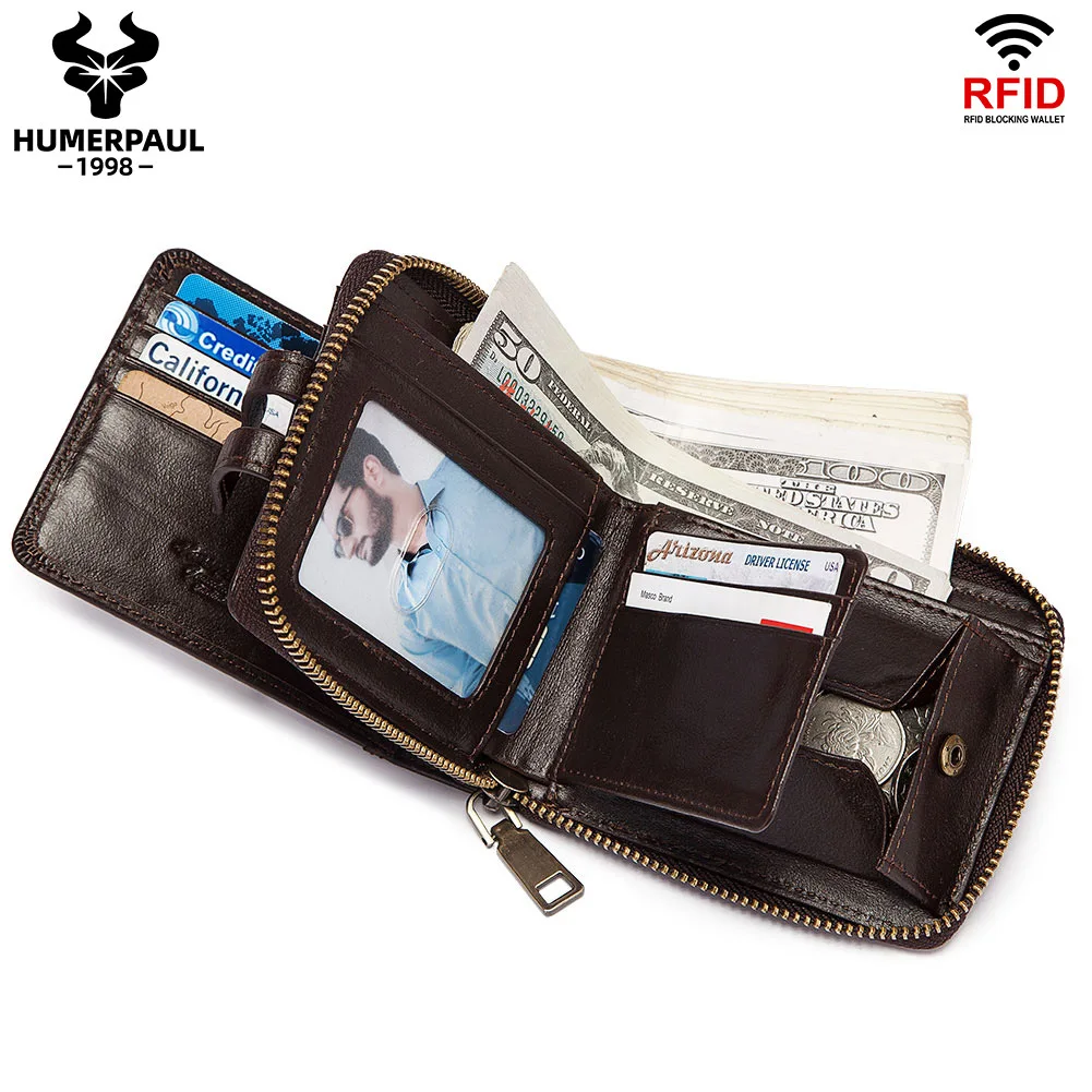 Vintage Genuine Leather Wallet for Men RFID Blocking Zipper Coin Purse Multi-Slot Business ID Card Case Billeteras De Hombres