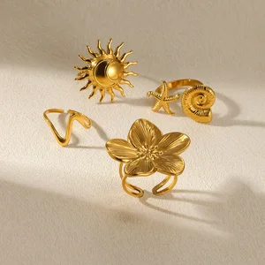 Elegante Edelstahl große Blumenringe für Frauen Gold Farbe Sol Star Offener Meeresring -Schmuck Hochzeit Ihr Punk 12 Hauptverkäufe Frauenhering - №3