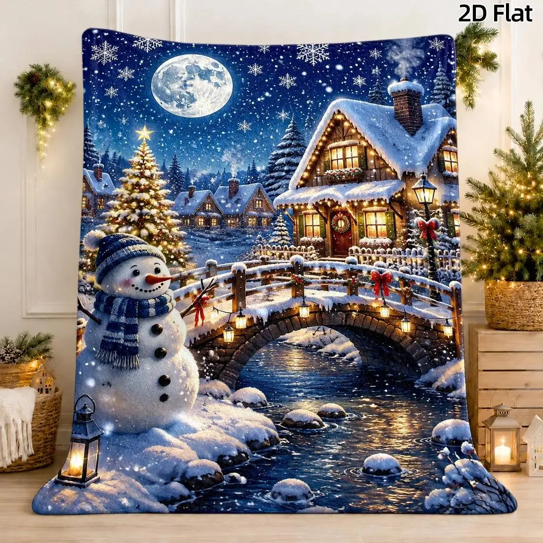 1pc 2D Flat DIY Coloring Throw Blanket, Snowman Christmas Tree Line Art, Watercolor Village Dark Blue Golden Sky Decor Blanket