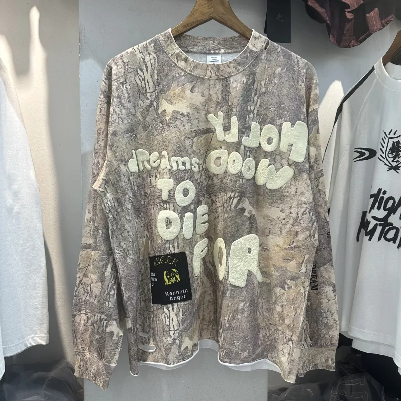

Retro Camouflage Print Long Sve T-irt Men Women Casual Thin Hoodie Fall Trendy Brand Bubble Print Personalized Hole