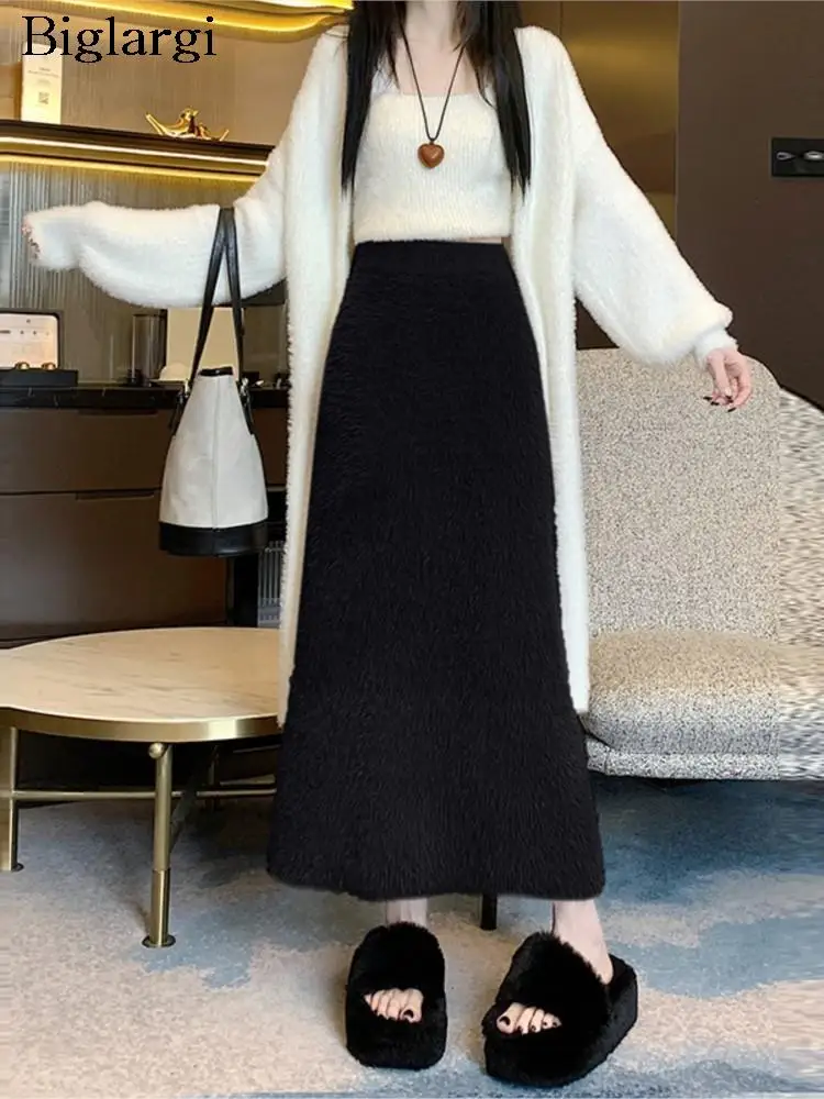 Knitted Autumn Winter Furry Long Skirt Women A-Line Modis High Waist Ladies Skirts Elegant Korean Loose Pleated Woman Skirt 2023