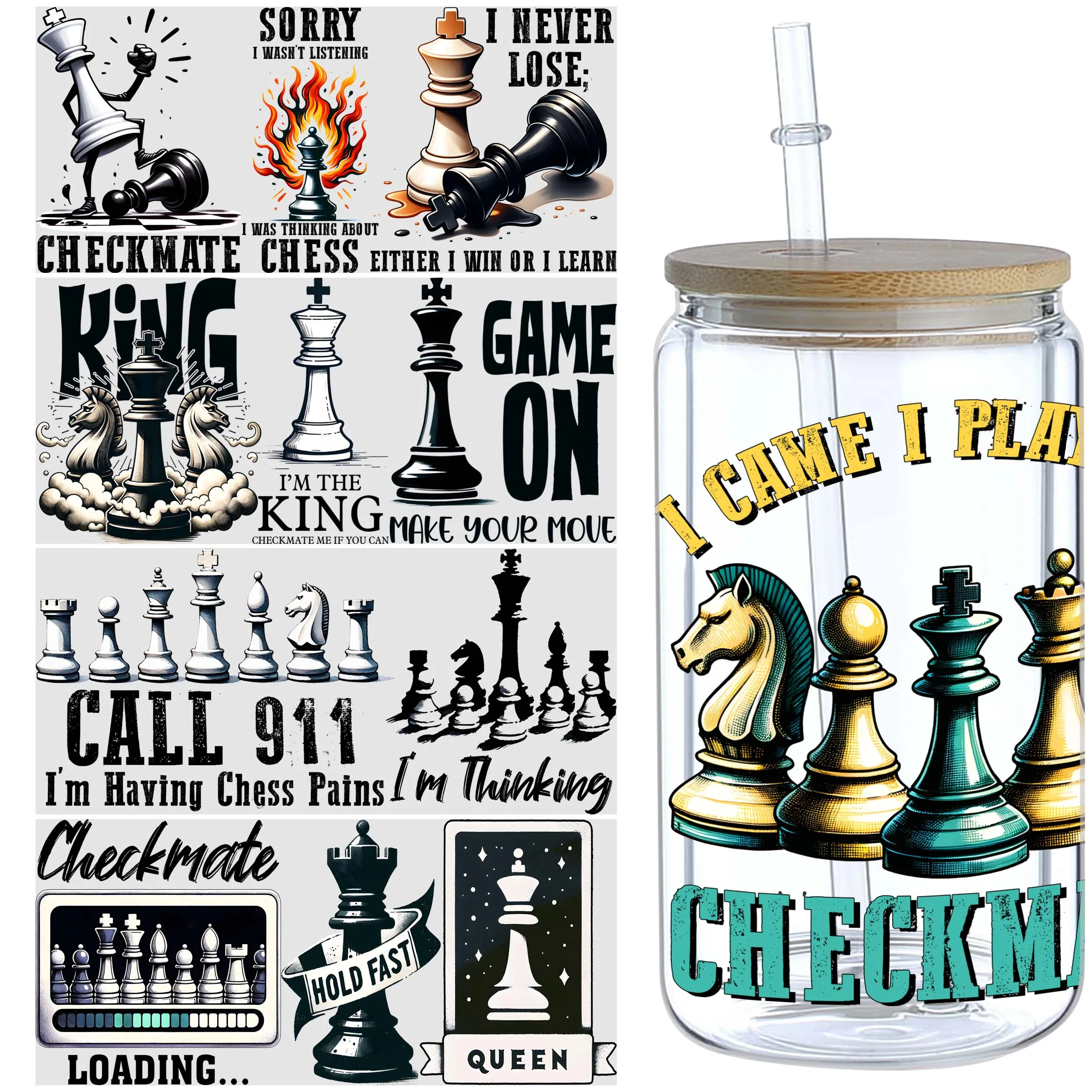 5 Blatt Schach UV Dtf Cup Aufkleber, Glas Sport Dtf Transfer Aufkleber, wasserdichtes Wipe Transfer papier für 16 Unzen Glas, Becher
