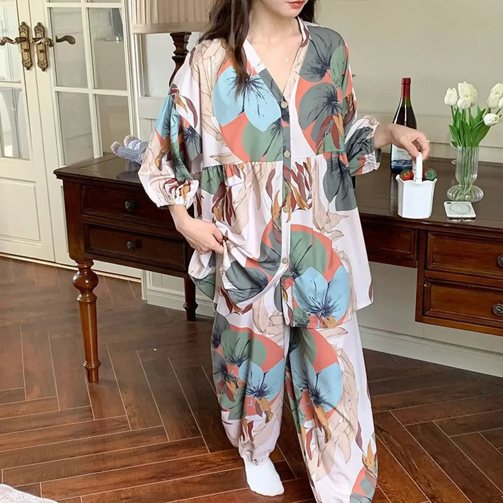 Conjunto para el hogar, conjunto de gran tamaño, camisa de pijama informal larga holgada a la moda para mujer, pantalones 2023, dos piezas con ropa