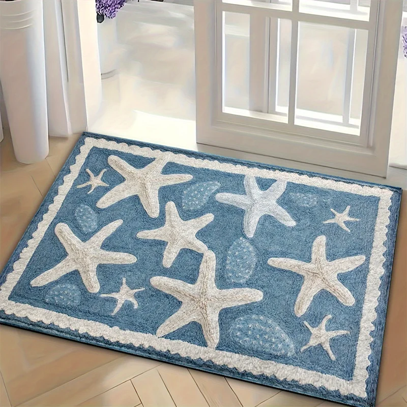VIKAMA Ocean Rainbow Bath Mat, Cute Sea‑Star Rainbow Cloud Soft Absorbent Non‑Slip Bathroom Rug Entryway Home Decor