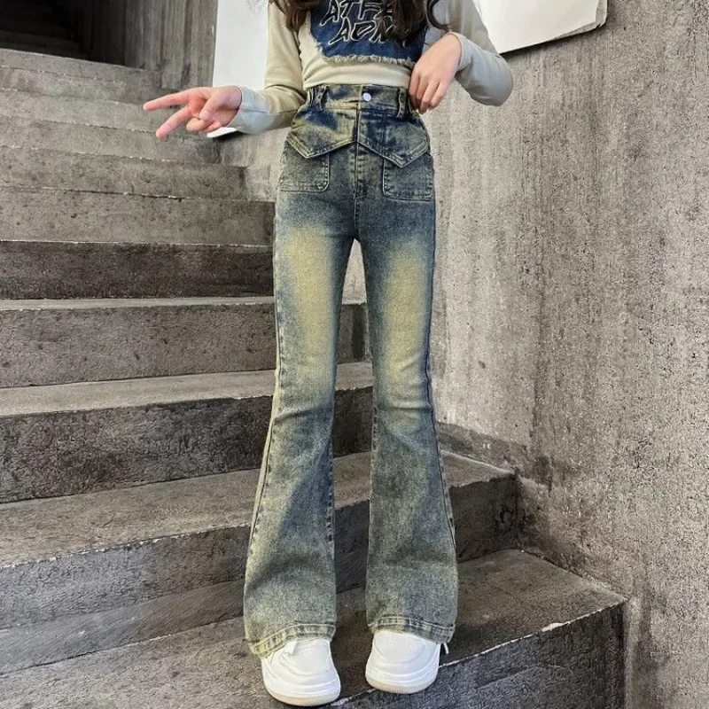 2025 Autumn New Girl's Bell-Bottom Jeans - Tween Girls' Fitted Fish Tail Jeans, Hong Kong Style Vintage Denim Pants for Kids