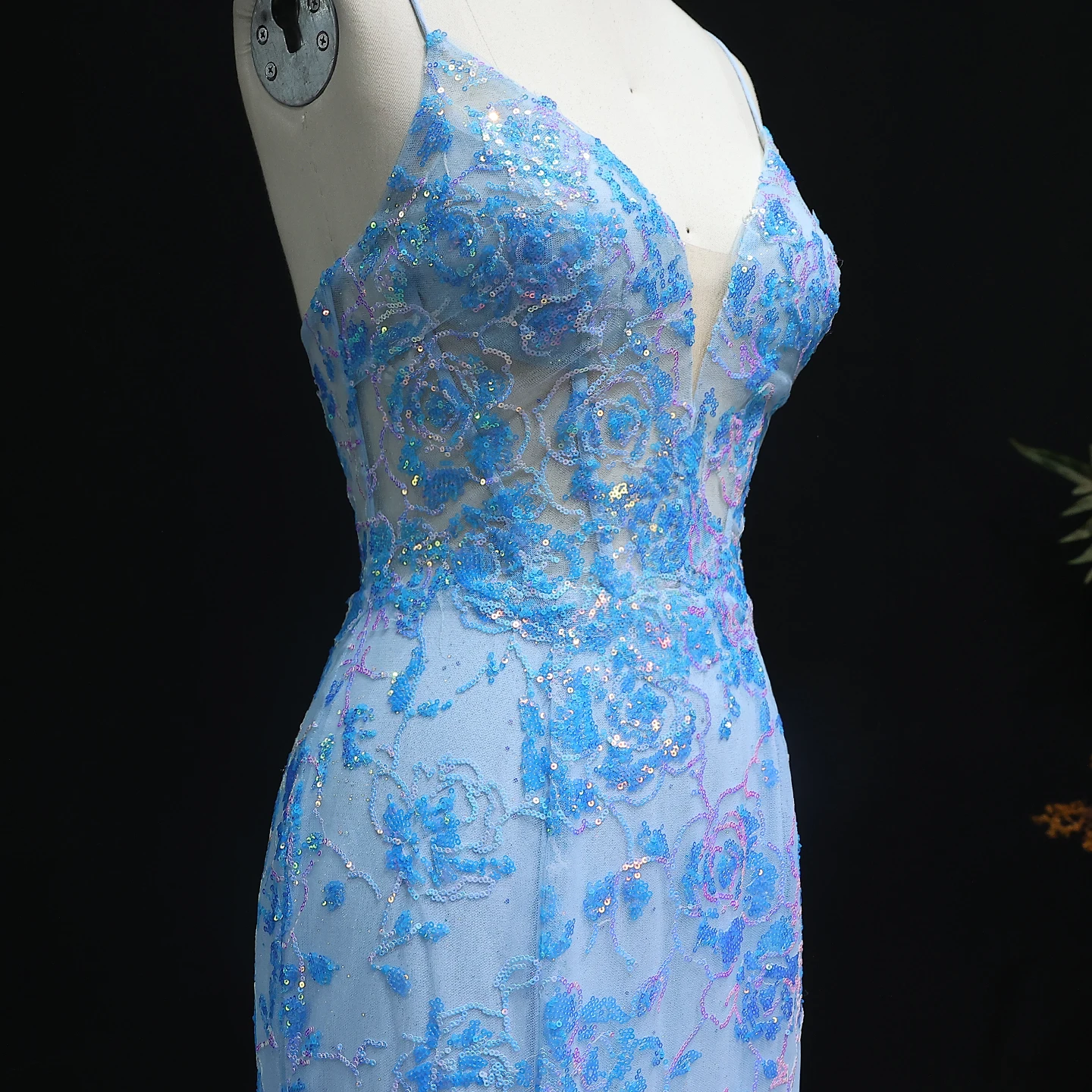 Sharon Said Affascinante corsetto blu trasparente abito da ballo lungo con cinturino per spaghetti abiti da festa da sera SH219 personalizzato