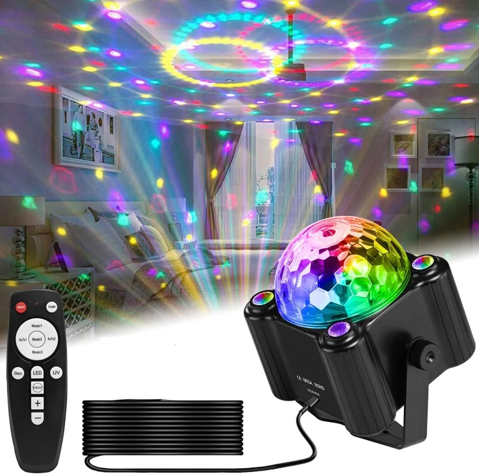 Party Light Disco Ball Light DJ Disco Light Voice Control LED Light 6 Colors UV Party Birthday Christmas Wedding Club Decoration