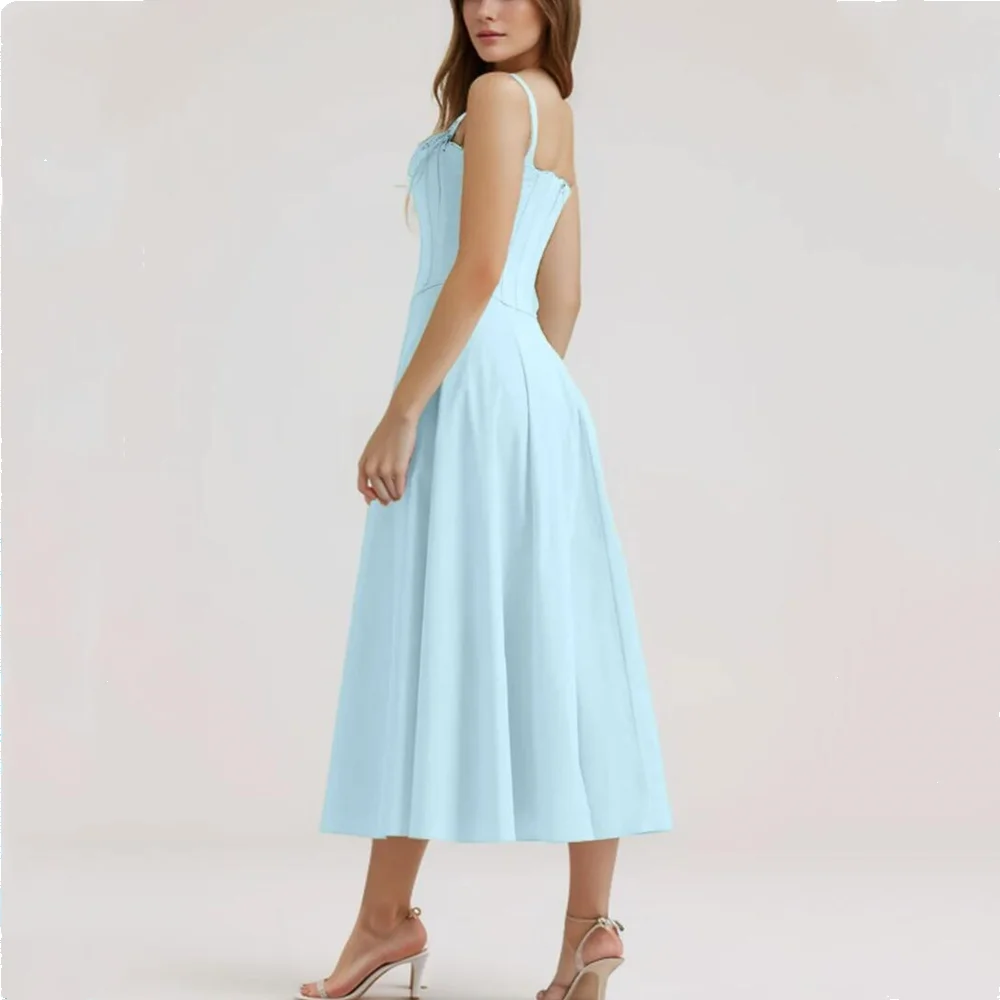 2024 Sexy Aqua blue Hem Slit Swing Midi Long Strapless Dress With Bow Strap Slim Corsets Crop Top Fairy Robe 2 pieces 1 Set