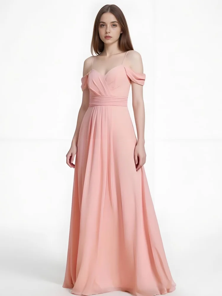

Beshinel Customized Pink V Neck Sleeveless Chiffon Dress 2025 Spaghetti Straps Bridesmaid Dresses Long Prom Evening Gowns