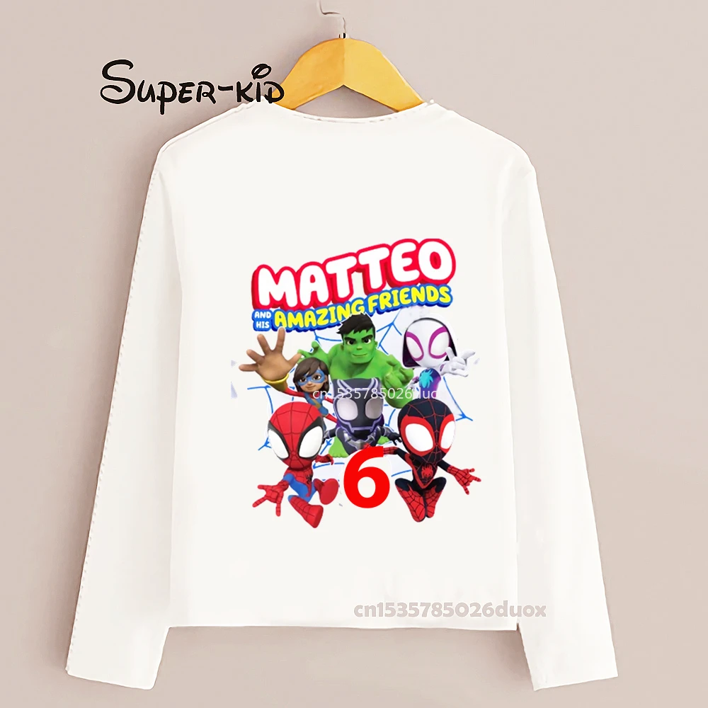 

Spider-Man and His Amazing Friends Birthday Customized Name Long Sleeve T-shirt Superheroes Birthday Fashion Bottoming Boy Shirt