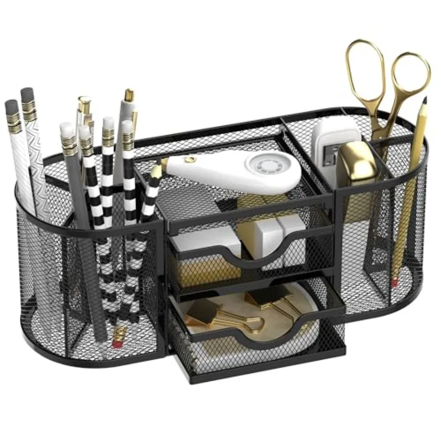Mesh Desk Organizer, Desk Organizers and Accessories, Pen Holder with Drawers, Pencil Holder for Desk with 2 Drawer for Office