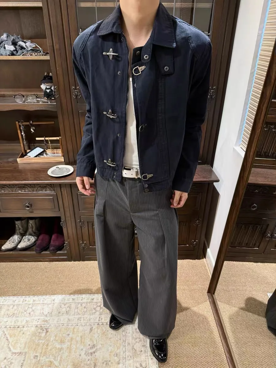 

Ретро американский лобстер, синий лоскутный воротник-стойка, рабочая одежда, джет, мужская одежда, осень-зима, винтажный дизайн с талией