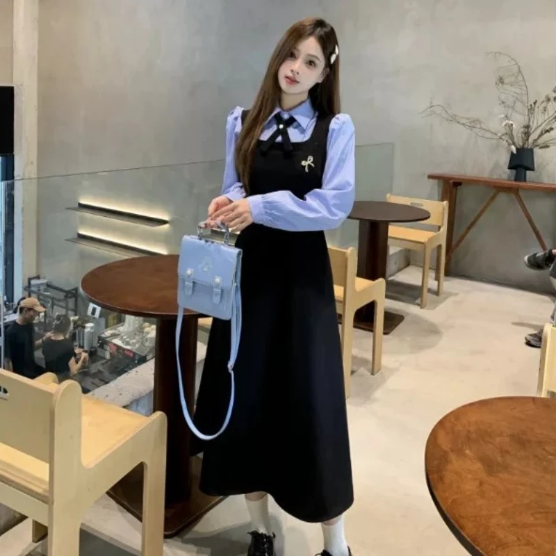 plus Size Academy Style Fake Two-Piece Dress Slimming Waist Design Color Block Long Skirt Autumn New Arrival Women's Fashion
