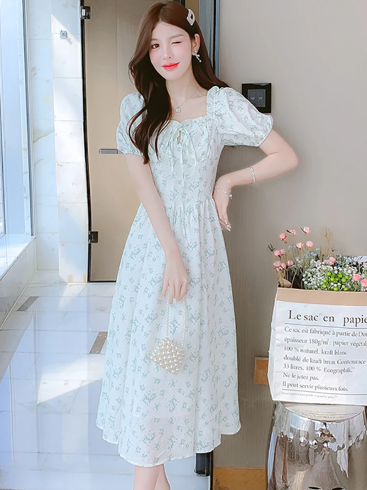 

Summer White Chiffon Green Floral Casual Long Dress Women Elegant Bow Sqaure Collar Beach Dress 2025 Korean Bodycon Party Dress