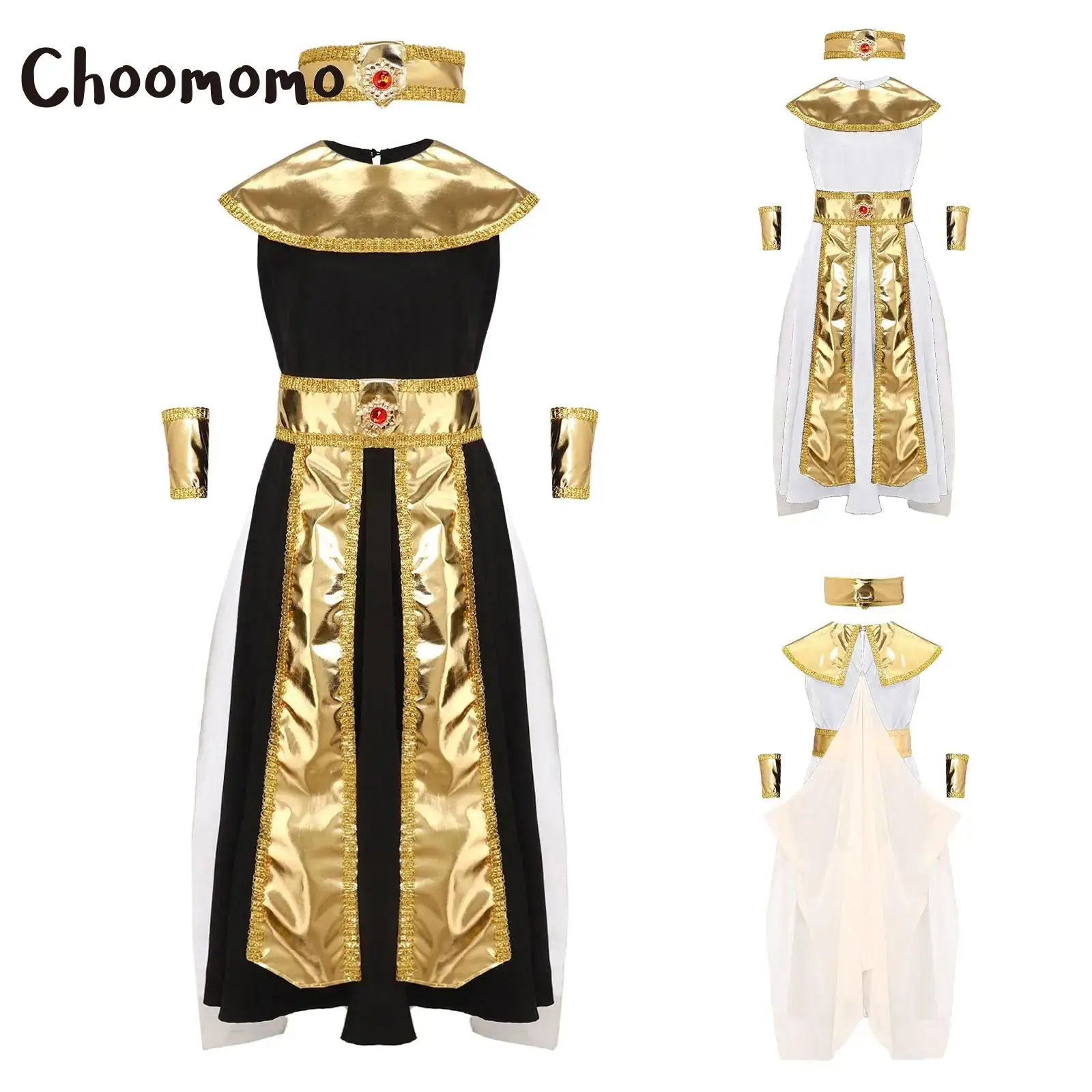 

Girls Royal Egyptian Queen Costume Halloween fancy Cosplay Cleopatra Dress with Collar And Arm Sleeves Suits Stage Performance