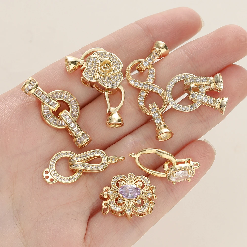 1/2Pcs 14/18K Gold Color Plated End Caps Fastener Necklace Clasps with Zircon for DIY Jewelry Bracelet Making Accessories