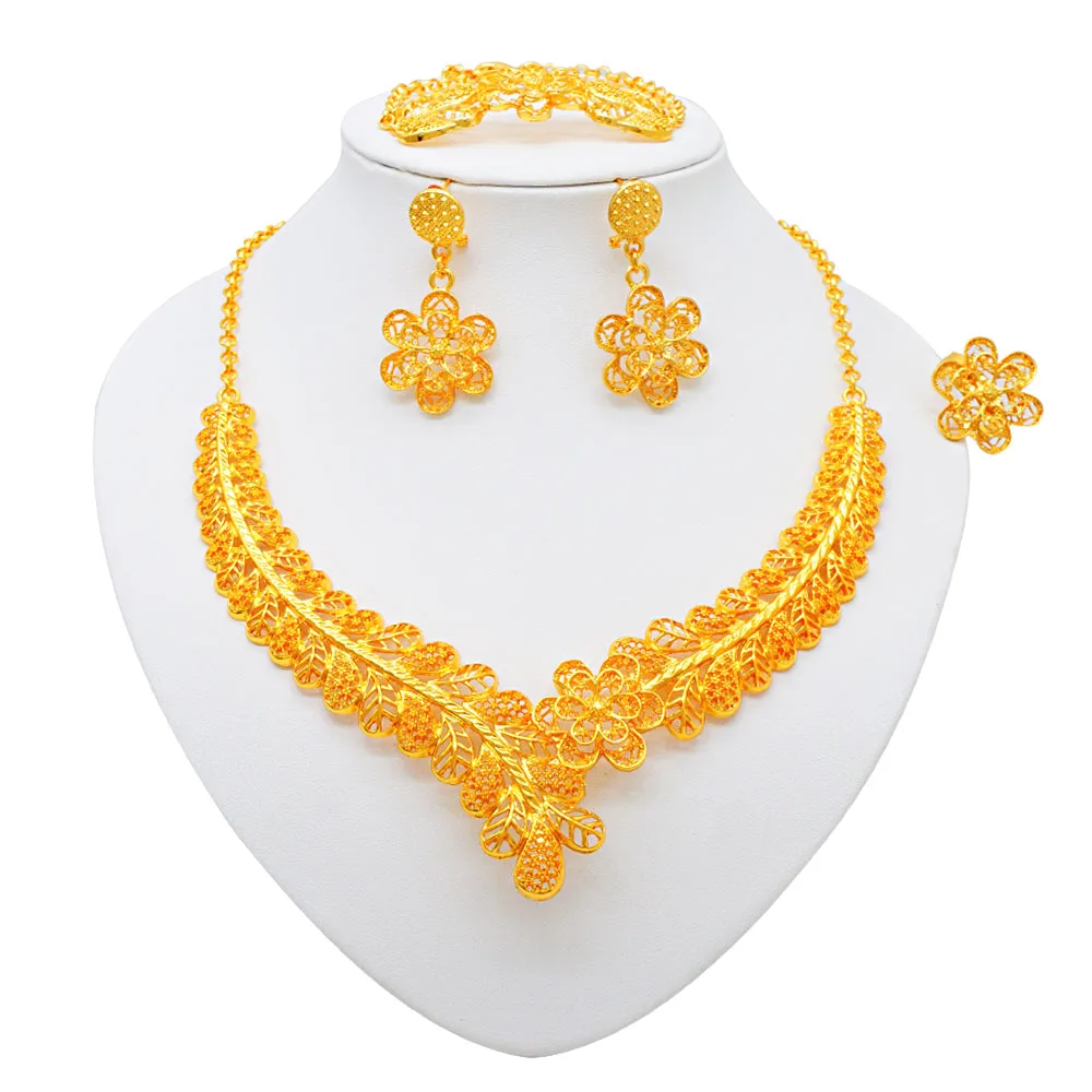 

Dubai Golden Flower Design Luxury Jewelry Set For Women Africa 24k Gold Plated Bracelet Earrings Necklace Ring For Women Wedding