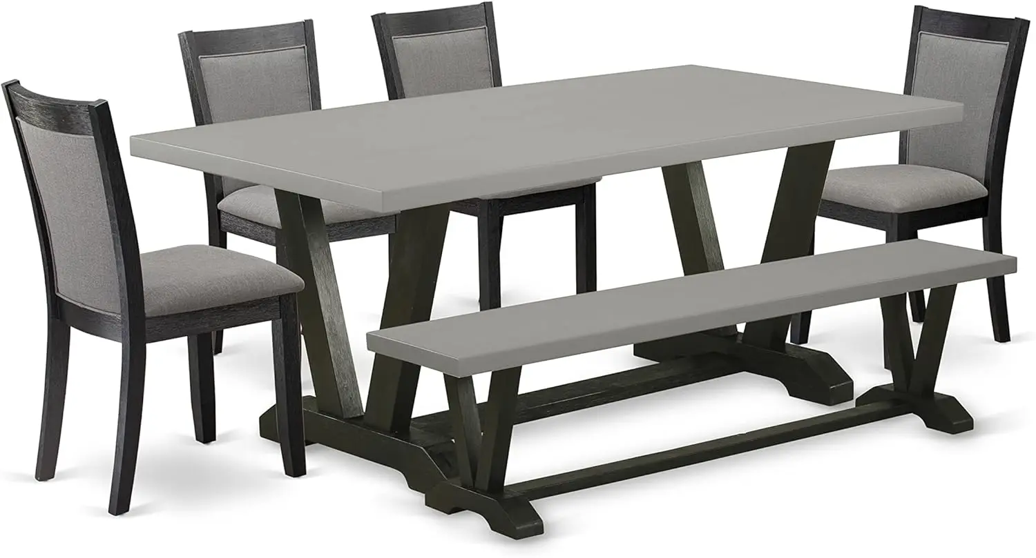 6 Piece Kitchen Table Set Contains a Rectangle Dining Table and 4 Dark Gotham Grey Linen Fabric Parson Chairs