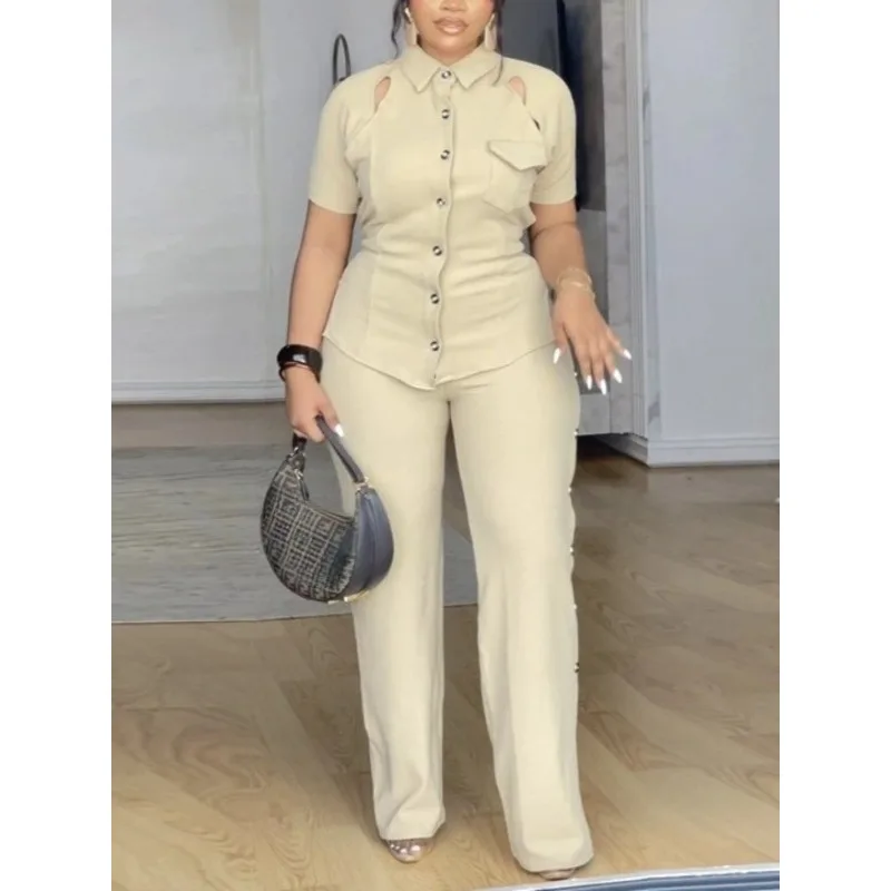 Frauen Zwei Stücke Set Casual Tops Mit Voller Länge Hosen Drehen Unten Kragen Kurzen Ärmeln Aushöhlen Taste Spitze-up Schlitz Büro Neue