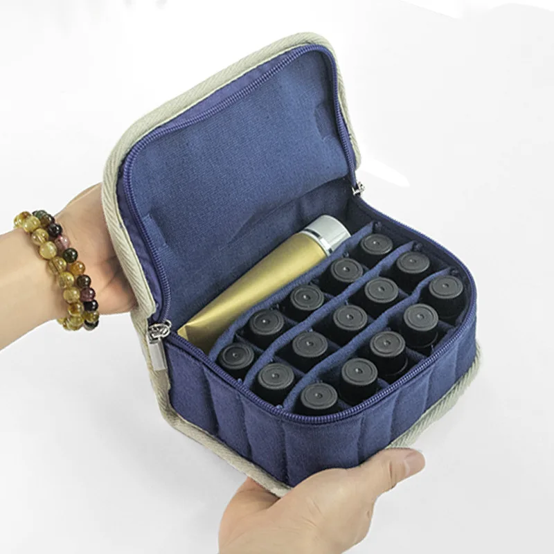 15 Grid/10ml Solid Color Square Canvas Essential Oil Bag Large Capacity Handheld Convenient Beauty Cosmetic Storage Bags